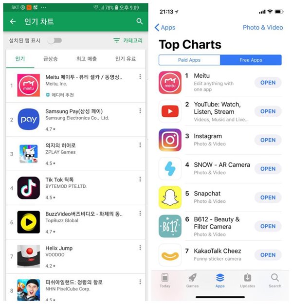 美图秀秀荣登韩国安卓应用商店总榜、App Store免费应用总榜榜首